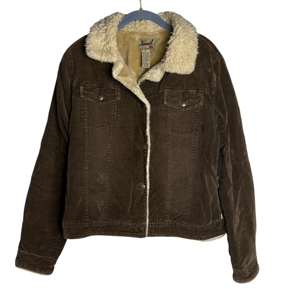 Fossil trucker jacket Chocolate brown Sherpa Teddy coat women’s size xl vintage